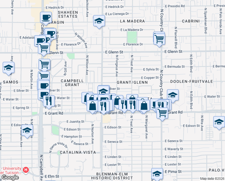 map of restaurants, bars, coffee shops, grocery stores, and more near 2554 East Alturas Street in Tucson