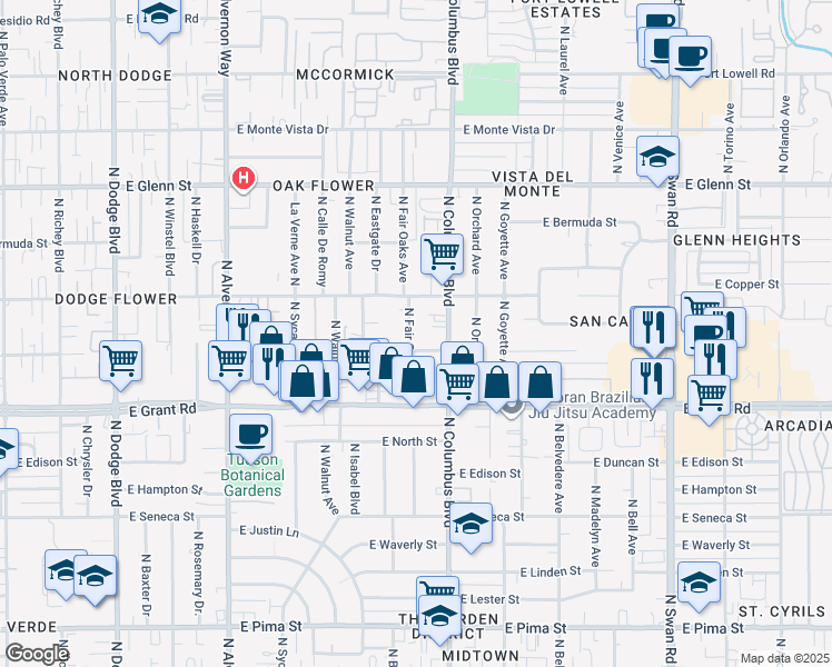 map of restaurants, bars, coffee shops, grocery stores, and more near 2520 North Fair Oaks Avenue in Tucson