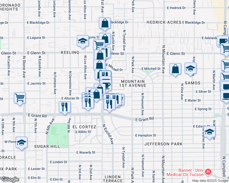 map of restaurants, bars, coffee shops, grocery stores, and more near 818 East Silver Street in Tucson