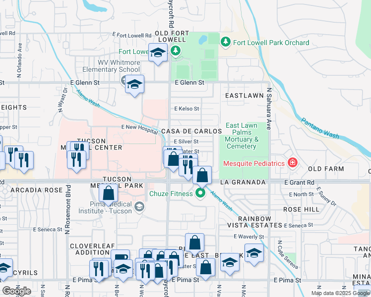 map of restaurants, bars, coffee shops, grocery stores, and more near 5541 East Water Street in Tucson