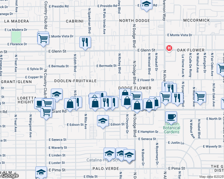 map of restaurants, bars, coffee shops, grocery stores, and more near 3527 East Water Street in Tucson