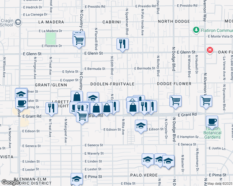 map of restaurants, bars, coffee shops, grocery stores, and more near 3313 East Water Street in Tucson