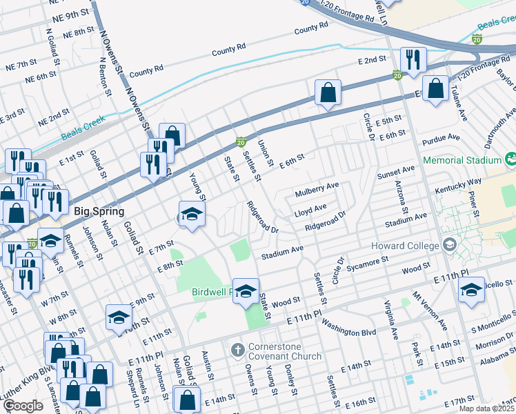 map of restaurants, bars, coffee shops, grocery stores, and more near 617 Ridgeroad Drive in Big Spring