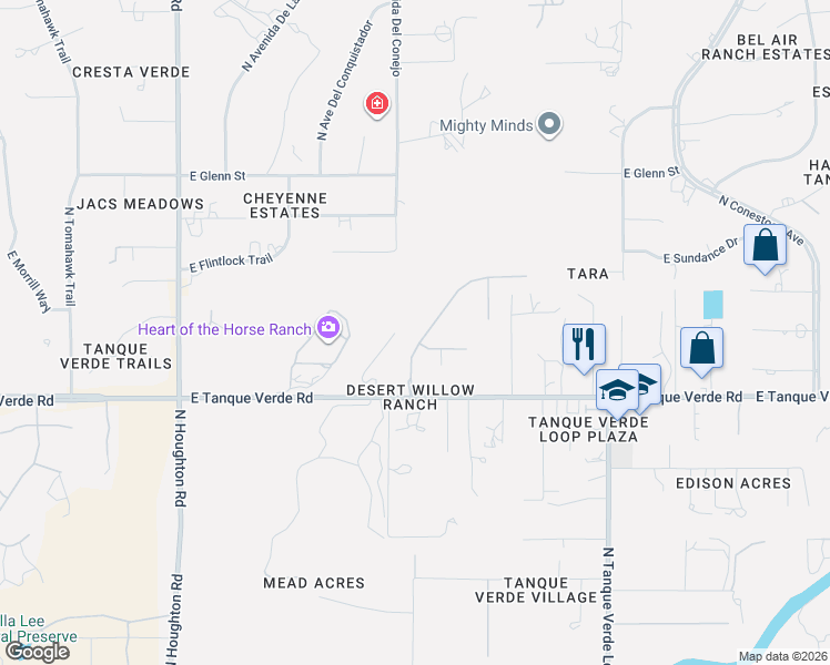 map of restaurants, bars, coffee shops, grocery stores, and more near 2447 Wychwood Court in Tucson