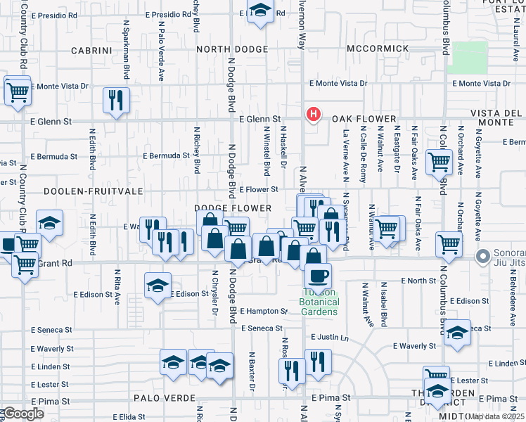 map of restaurants, bars, coffee shops, grocery stores, and more near 6 East Valencia Avenue in Tucson