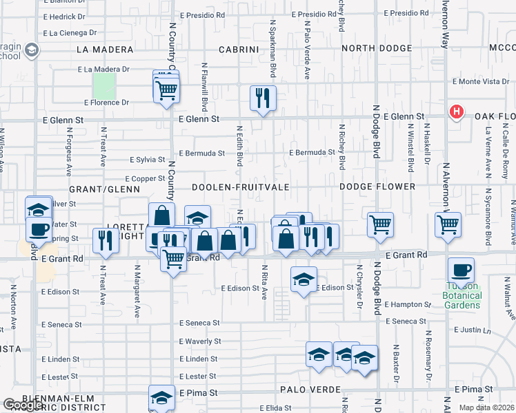 map of restaurants, bars, coffee shops, grocery stores, and more near 3313 East Water Street in Tucson