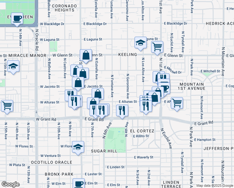 map of restaurants, bars, coffee shops, grocery stores, and more near 2526 North Fontana Avenue in Tucson
