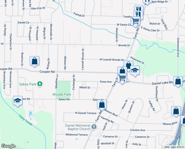 map of restaurants, bars, coffee shops, grocery stores, and more near 227 Cooper Road in Jackson