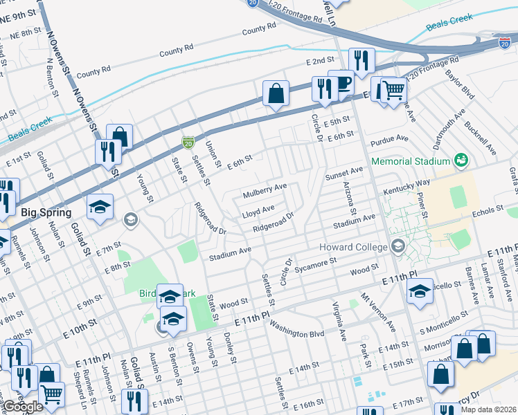 map of restaurants, bars, coffee shops, grocery stores, and more near 1101-1199 Lloyd Ave in Big Spring