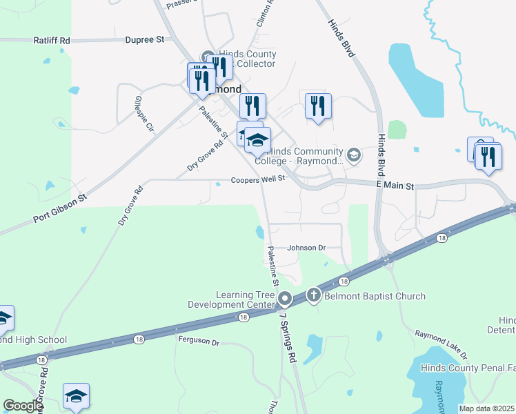 map of restaurants, bars, coffee shops, grocery stores, and more near 546 North Palestine Drive in Raymond