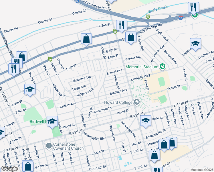 map of restaurants, bars, coffee shops, grocery stores, and more near 1505 Kentucky Way in Big Spring