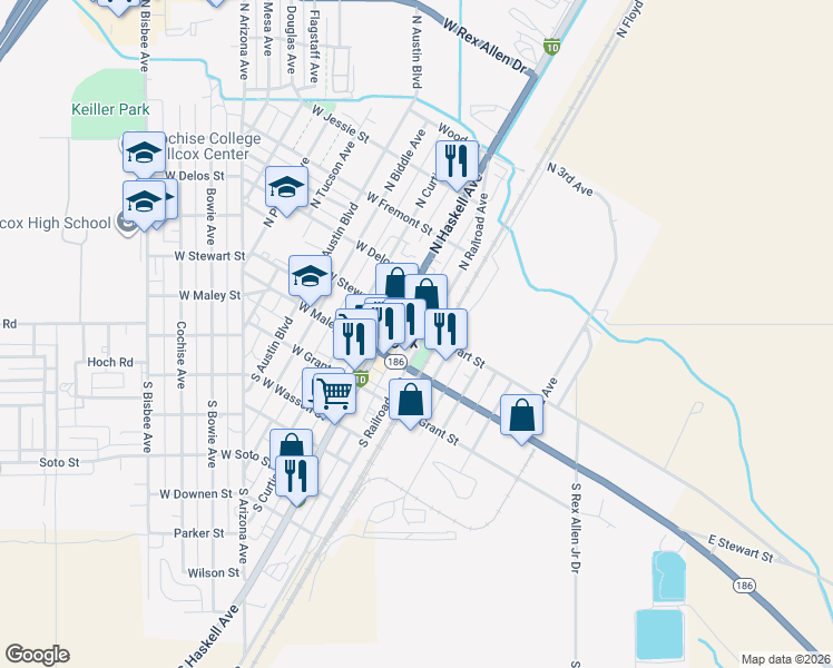 map of restaurants, bars, coffee shops, grocery stores, and more near 180 North Railroad Avenue in Willcox