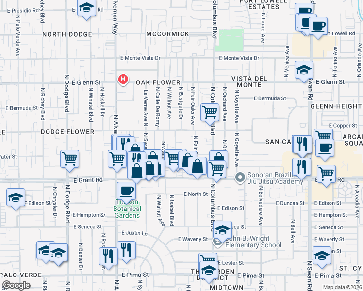 map of restaurants, bars, coffee shops, grocery stores, and more near 4144 East Desert Place in Tucson