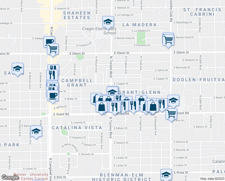 map of restaurants, bars, coffee shops, grocery stores, and more near 2540 North Tucson Boulevard in Tucson