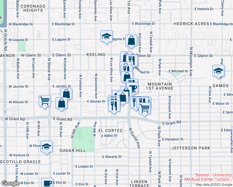map of restaurants, bars, coffee shops, grocery stores, and more near 2550 North Los Altos Avenue in Tucson