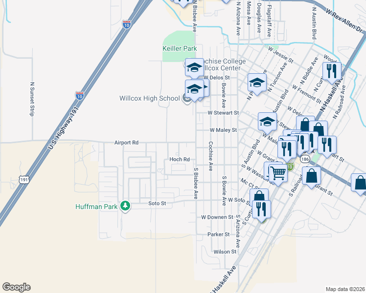 map of restaurants, bars, coffee shops, grocery stores, and more near 110 South Bisbee Avenue in Willcox
