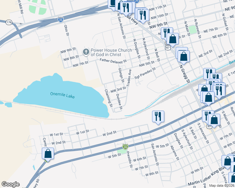 map of restaurants, bars, coffee shops, grocery stores, and more near Dundee Street in Big Spring