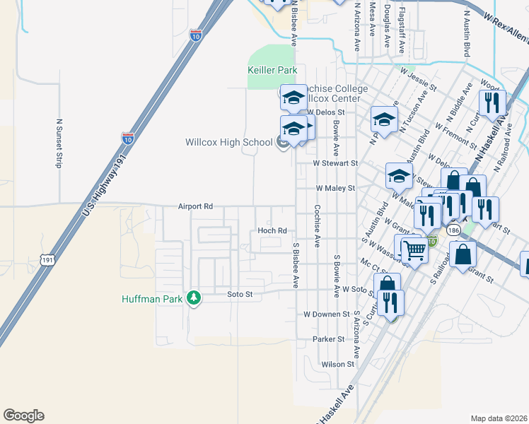 map of restaurants, bars, coffee shops, grocery stores, and more near 900 Airport Road in Willcox