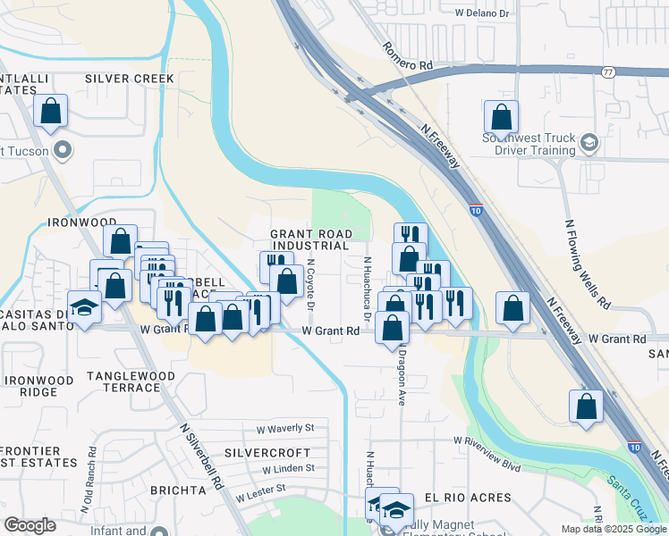 map of restaurants, bars, coffee shops, grocery stores, and more near 2520 North Coyote Drive in Tucson