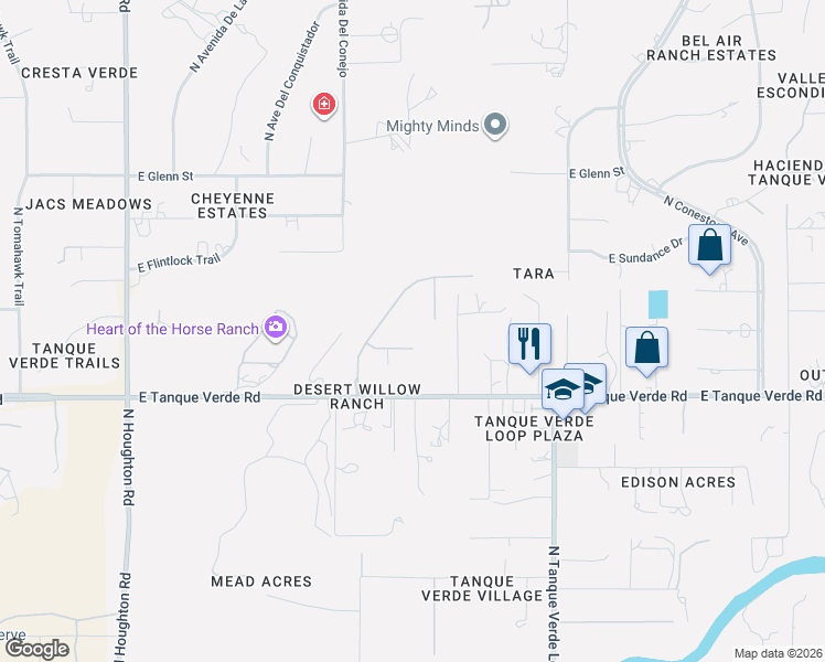 map of restaurants, bars, coffee shops, grocery stores, and more near 10815 East Fairacres Place in Tucson