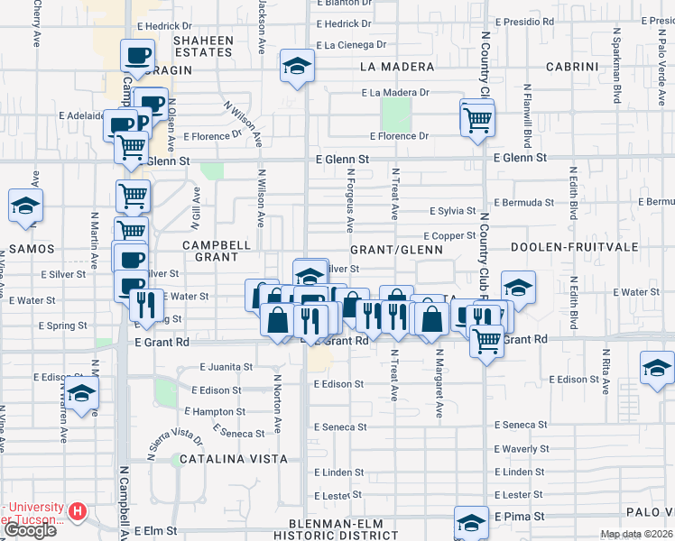 map of restaurants, bars, coffee shops, grocery stores, and more near 2554 East Alturas Street in Tucson