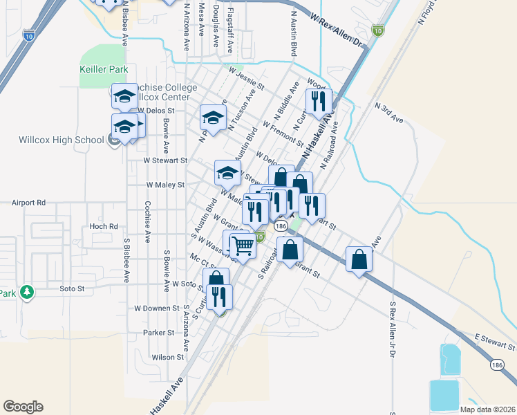 map of restaurants, bars, coffee shops, grocery stores, and more near 151 West Maley Street in Willcox