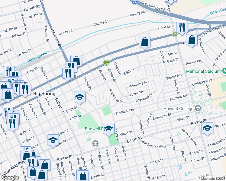 map of restaurants, bars, coffee shops, grocery stores, and more near 617-699 Ridgeroad Drive in Big Spring