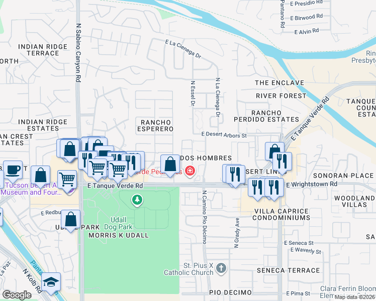 map of restaurants, bars, coffee shops, grocery stores, and more near 2520 North Bay Drive in Tucson