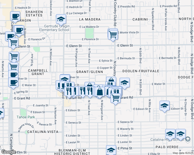 map of restaurants, bars, coffee shops, grocery stores, and more near 2901 East Cushman Drive in Tucson