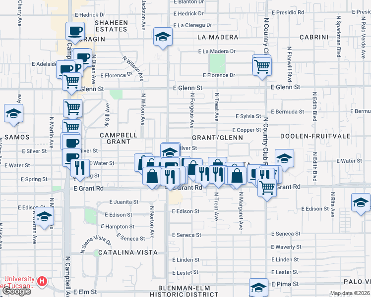 map of restaurants, bars, coffee shops, grocery stores, and more near 2554 East Alturas Street in Tucson