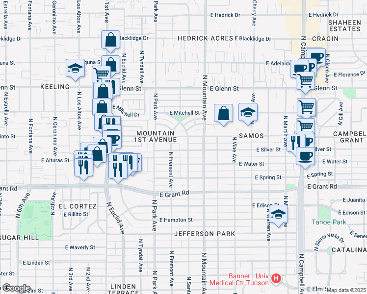 map of restaurants, bars, coffee shops, grocery stores, and more near 1112 East Silver Street in Tucson