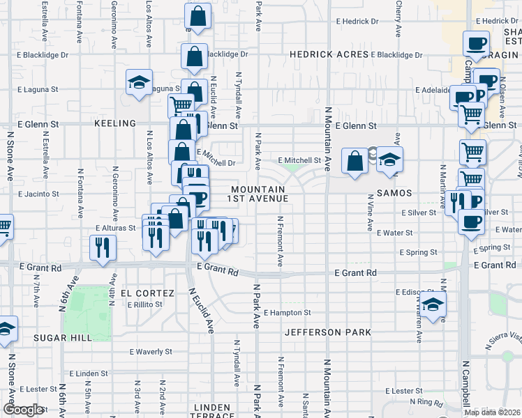 map of restaurants, bars, coffee shops, grocery stores, and more near 1015 East Silver Street in Tucson