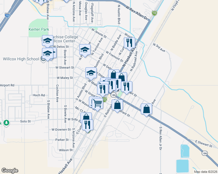 map of restaurants, bars, coffee shops, grocery stores, and more near 151 West Maley Street in Willcox