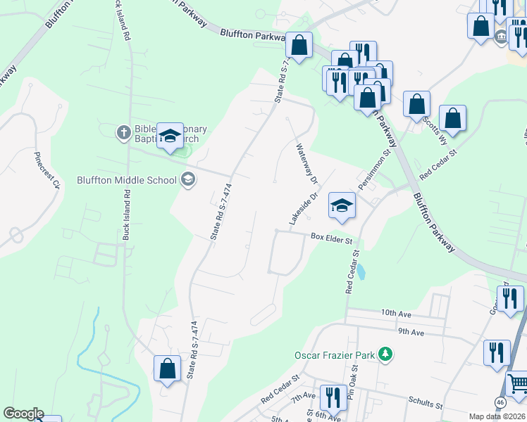 map of restaurants, bars, coffee shops, grocery stores, and more near 52 Sugaree Drive in Bluffton
