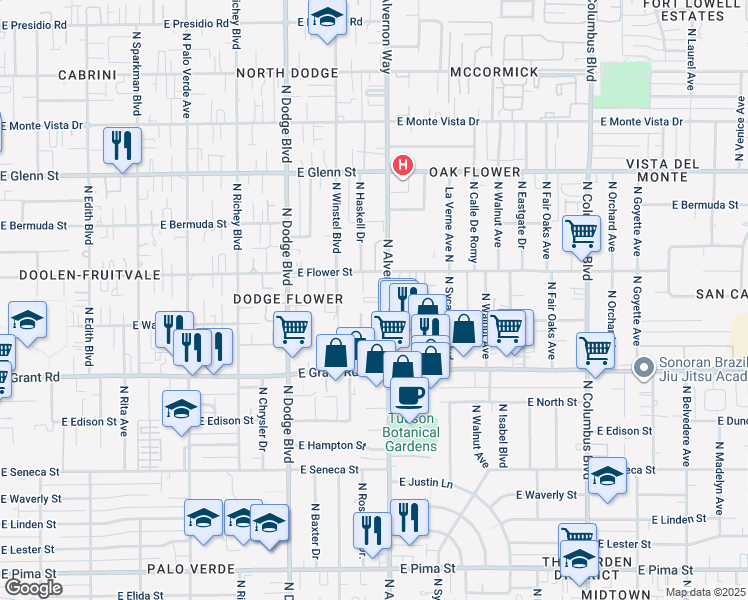 map of restaurants, bars, coffee shops, grocery stores, and more near 2500 North Alvernon Way in Tucson