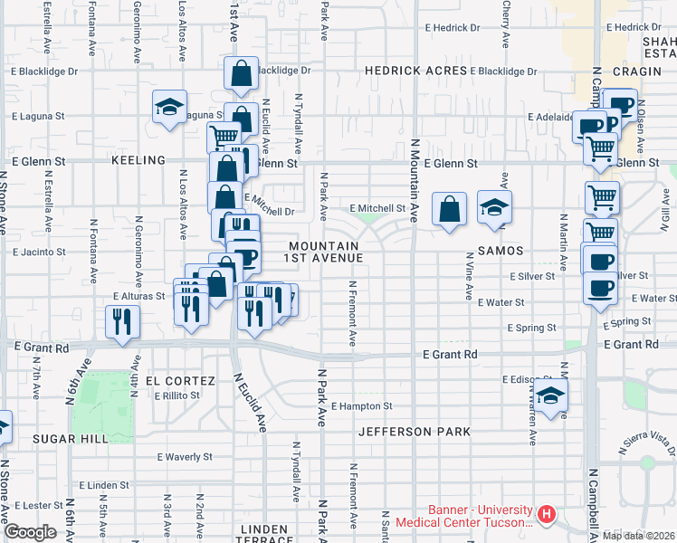 map of restaurants, bars, coffee shops, grocery stores, and more near 1015 East Silver Street in Tucson