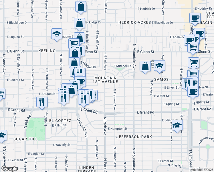 map of restaurants, bars, coffee shops, grocery stores, and more near 1015 East Silver Street in Tucson