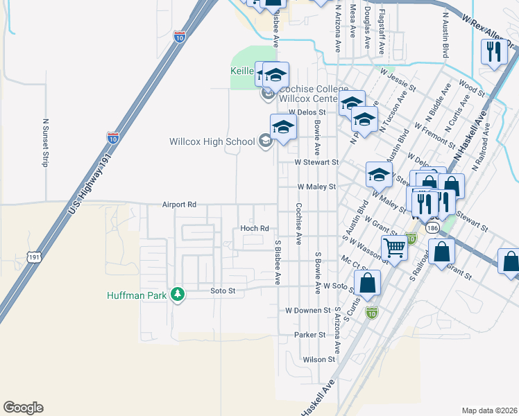 map of restaurants, bars, coffee shops, grocery stores, and more near 110 South Bisbee Avenue in Willcox
