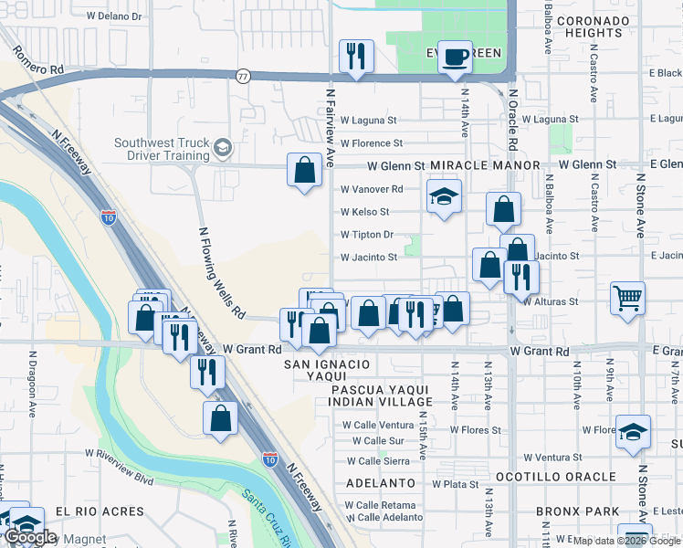 map of restaurants, bars, coffee shops, grocery stores, and more near 858 West Paris Promenade in Tucson