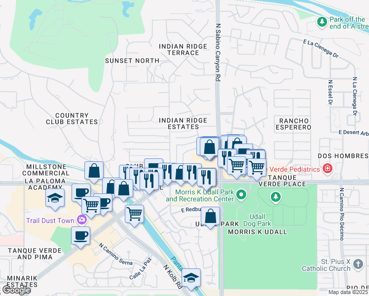 map of restaurants, bars, coffee shops, grocery stores, and more near 2515 North Indian Ridge Drive in Tucson