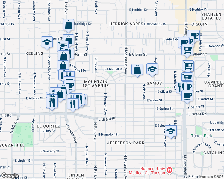 map of restaurants, bars, coffee shops, grocery stores, and more near 1112 East Silver Street in Tucson