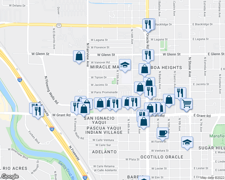map of restaurants, bars, coffee shops, grocery stores, and more near 720 W Paris Promenade in Tucson