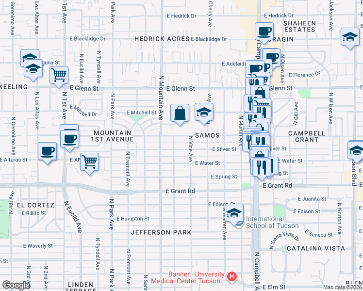 map of restaurants, bars, coffee shops, grocery stores, and more near 1421 East Silver Street in Tucson