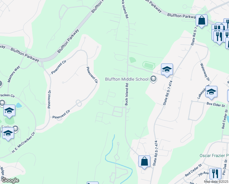 map of restaurants, bars, coffee shops, grocery stores, and more near 30 Blue Haw Court in Bluffton