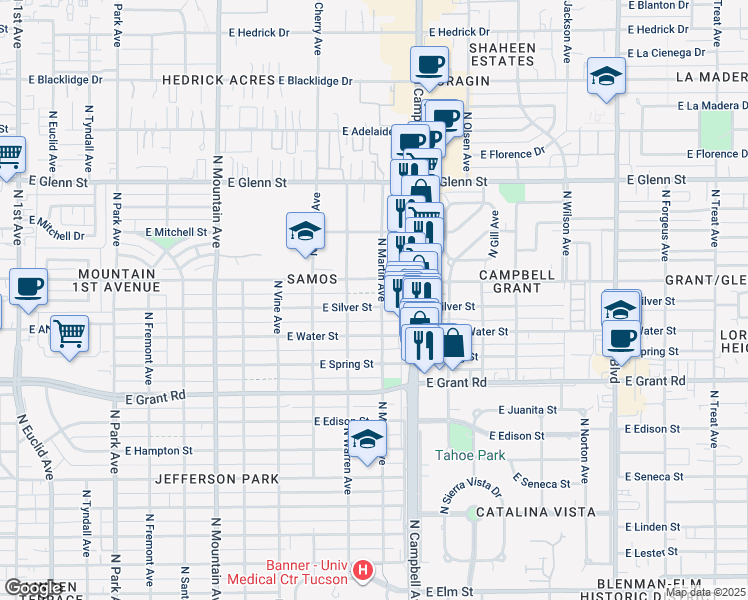 map of restaurants, bars, coffee shops, grocery stores, and more near 1739 East Silver Street in Tucson