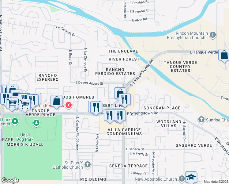 map of restaurants, bars, coffee shops, grocery stores, and more near 2500 North Desert Links Drive in Tucson