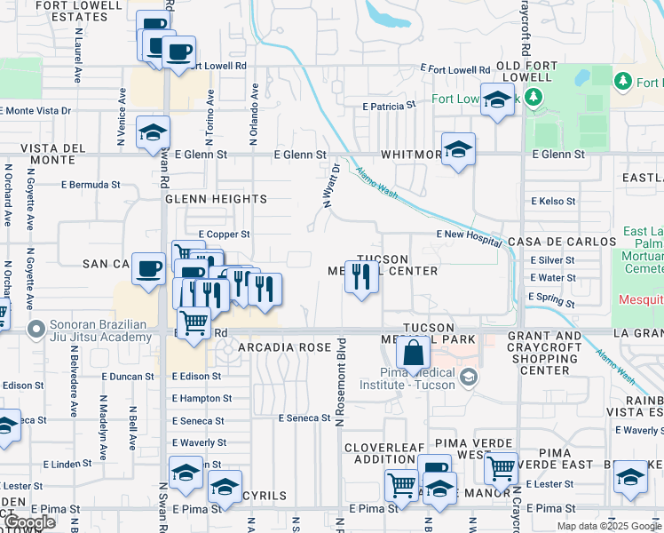 map of restaurants, bars, coffee shops, grocery stores, and more near 2500 North Rosemont Boulevard in Tucson