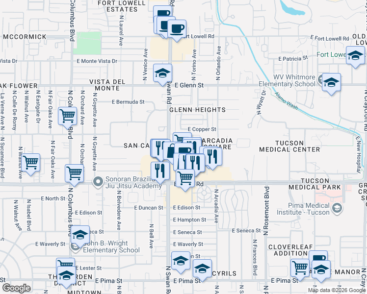 map of restaurants, bars, coffee shops, grocery stores, and more near 2485-2499 North Arcadia Avenue in Tucson