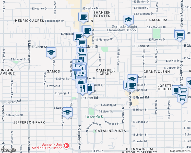 map of restaurants, bars, coffee shops, grocery stores, and more near 2026 East Silver Street in Tucson
