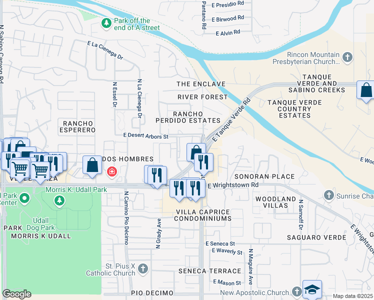 map of restaurants, bars, coffee shops, grocery stores, and more near 2500 North Desert Links Drive in Tucson
